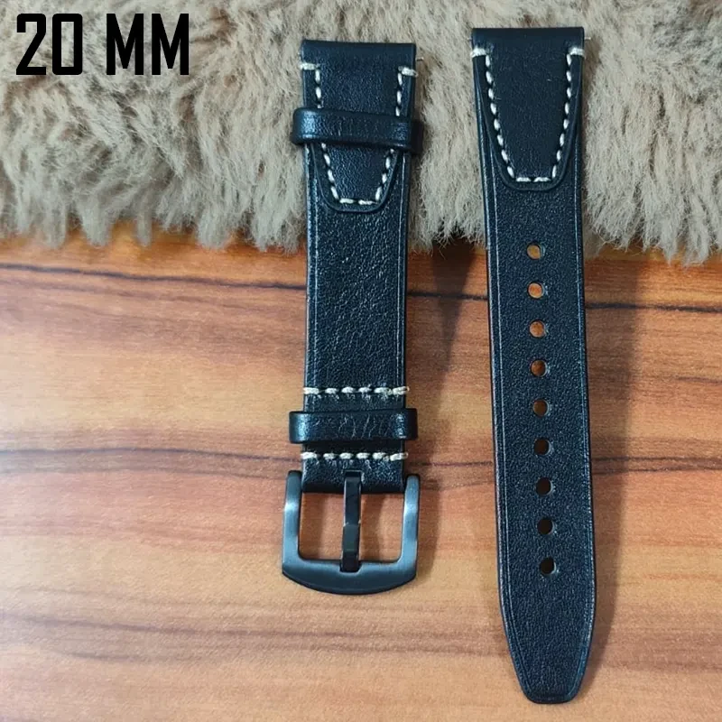 20mm Black Watch Strap Genuen Leather Premium Quality